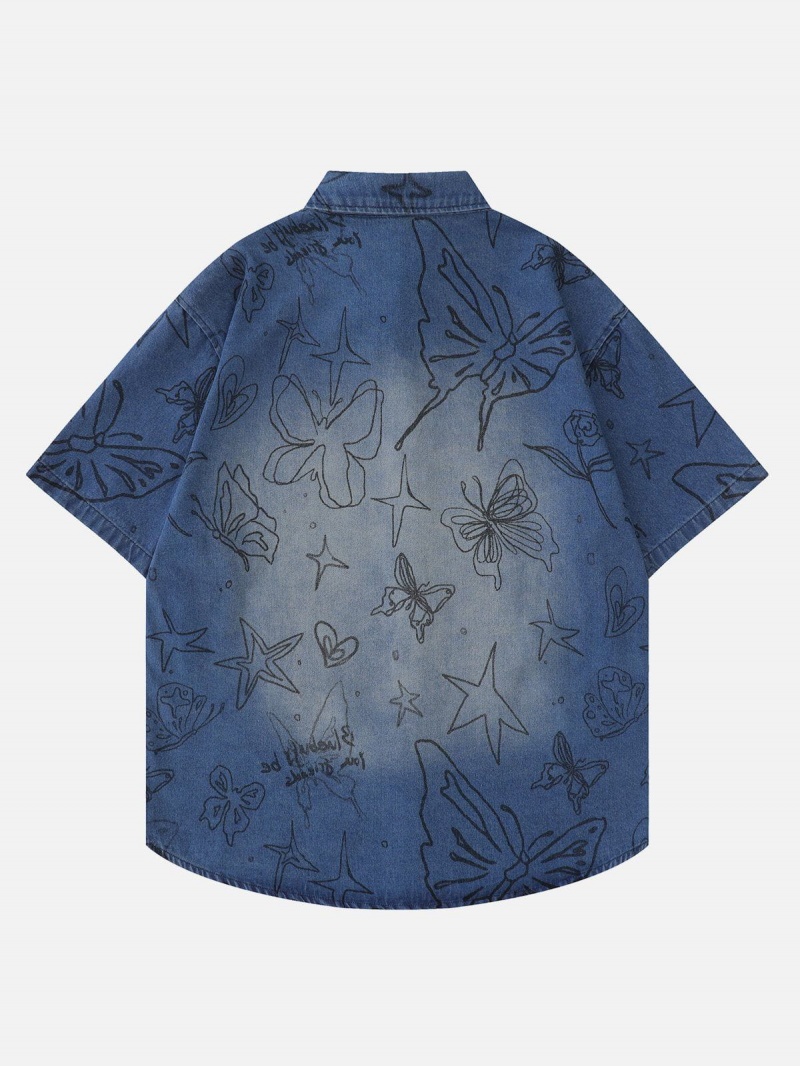 Bleu  Chemise à Manches Courtes Aelfric Eden Butterfly Print - OZQ-2344900